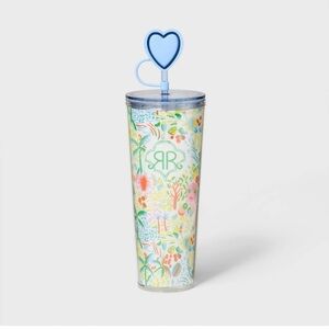 Roller Rabbit For Target Multicolor Floral Tumbler w/ Blue Heart Straw, NWT